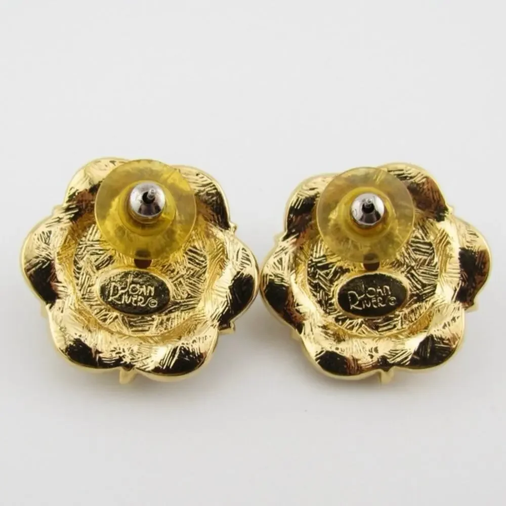 Vintage Joan Rivers Floral Earrings Gold Tone Black Enamel - Picture 6 of 8